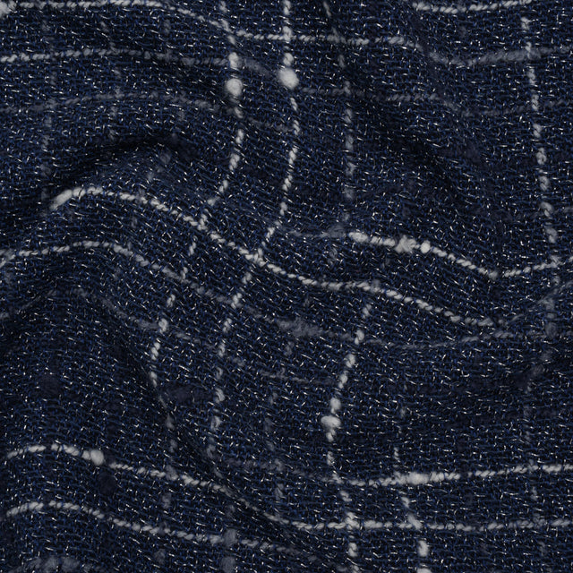 Metallic Wool Blend Tweedy Twill Boucle Made in Italy - Navy Blue, White and Silver Plaid - Deadstock