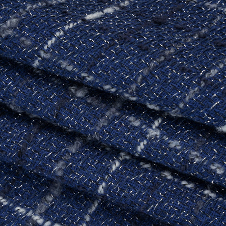 Metallic Wool Blend Tweedy Twill Boucle Made in Italy - Cobalt Blue, White and Silver Plaid - Deadstock