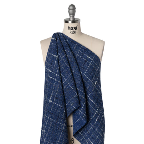 Metallic Wool Blend Tweedy Twill Boucle Made in Italy - Cobalt Blue, White and Silver Plaid - Deadstock