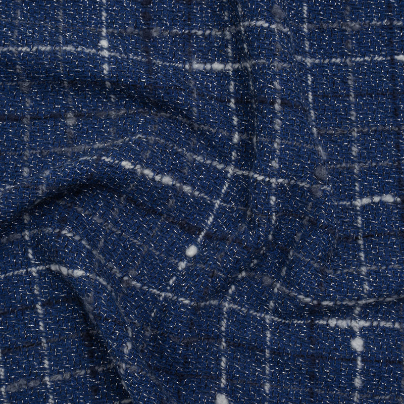 Metallic Wool Blend Tweedy Twill Boucle Made in Italy - Cobalt Blue, White and Silver Plaid - Deadstock