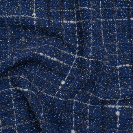 Metallic Wool Blend Tweedy Twill Boucle Made in Italy - Cobalt Blue, White and Silver Plaid - Deadstock