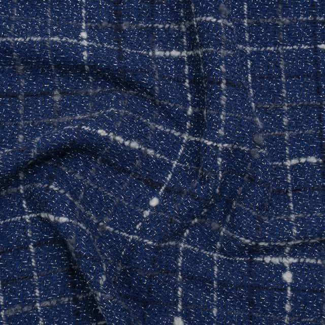 Metallic Wool Blend Tweedy Twill Boucle Made in Italy - Cobalt Blue, White and Silver Plaid - Deadstock