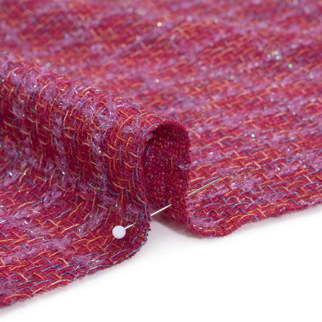 Metallic Wool Blend Tweed Woven with Eyelash Fringe Made in Italy - Pink, Orchid and Iridescent Checks - Deadstock