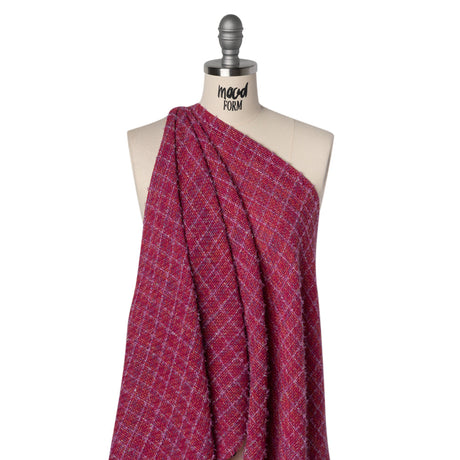 Metallic Wool Blend Tweed Woven with Eyelash Fringe Made in Italy - Pink, Orchid and Iridescent Checks - Deadstock