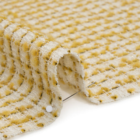 Metallic Wool Blend Tweed Boucle Made in Italy - White, Sunflower Yellow and Gold Checks - Deadstock