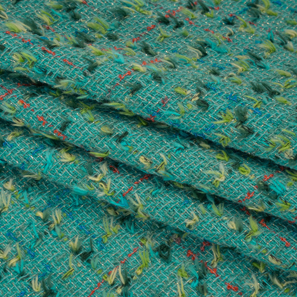 Metallic Wool Blend Tweed with Fringe-Like Inclusions Made in Italy - Teal, Green and Gold Checks - Deadstock