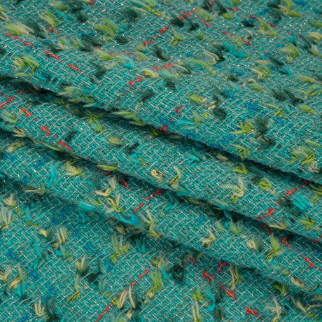 Metallic Wool Blend Tweed with Fringe-Like Inclusions Made in Italy - Teal, Green and Gold Checks - Deadstock