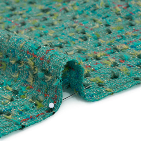 Metallic Wool Blend Tweed with Fringe-Like Inclusions Made in Italy - Teal, Green and Gold Checks - Deadstock