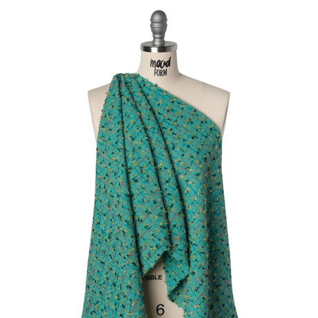 Metallic Wool Blend Tweed with Fringe-Like Inclusions Made in Italy - Teal, Green and Gold Checks - Deadstock