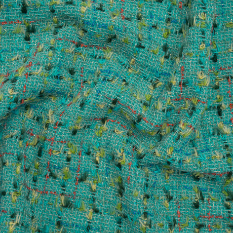 Metallic Wool Blend Tweed with Fringe-Like Inclusions Made in Italy - Teal, Green and Gold Checks - Deadstock