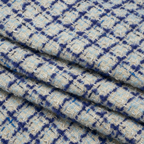 Metallic Wool Blend Tweed Boucle Made in Italy - Pale Gray, Cobalt and Sky Blue Plaid - Deadstock
