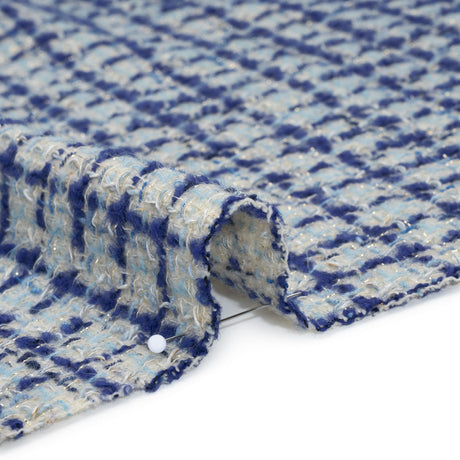 Metallic Wool Blend Tweed Boucle Made in Italy - Pale Gray, Cobalt and Sky Blue Plaid - Deadstock