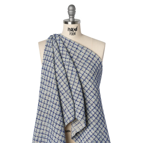 Metallic Wool Blend Tweed Boucle Made in Italy - Pale Gray, Cobalt and Sky Blue Plaid - Deadstock