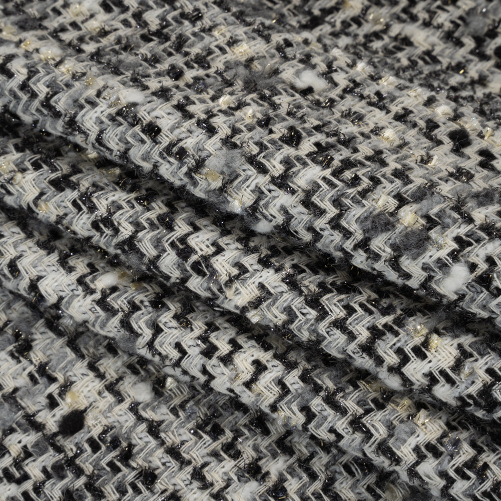 Wool Blend Boucle Tweed with Metallic Eyelash Fringe Made in Italy - Black, White and Gray Plaid - Deadstock