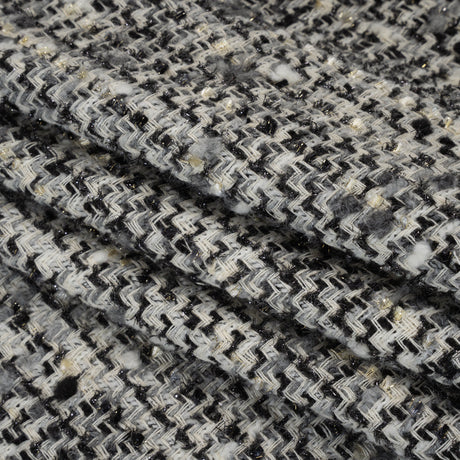 Wool Blend Boucle Tweed with Metallic Eyelash Fringe Made in Italy - Black, White and Gray Plaid - Deadstock
