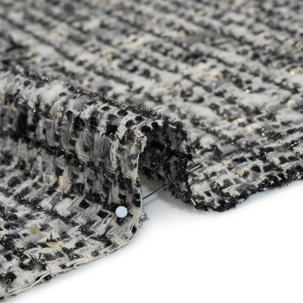 Wool Blend Boucle Tweed with Metallic Eyelash Fringe Made in Italy - Black, White and Gray Plaid - Deadstock