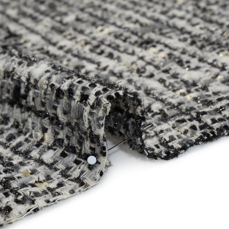 Wool Blend Boucle Tweed with Metallic Eyelash Fringe Made in Italy - Black, White and Gray Plaid - Deadstock