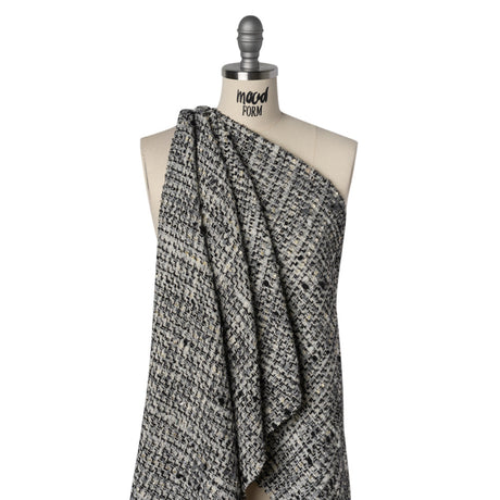 Wool Blend Boucle Tweed with Metallic Eyelash Fringe Made in Italy - Black, White and Gray Plaid - Deadstock
