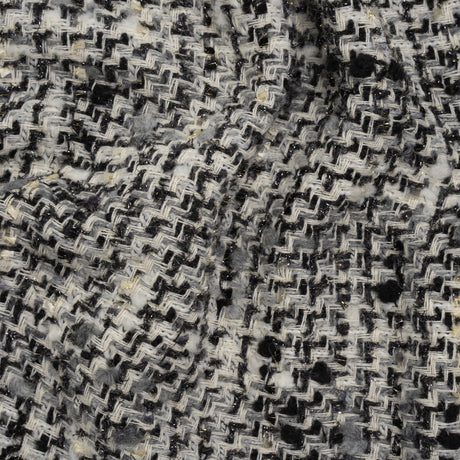 Wool Blend Boucle Tweed with Metallic Eyelash Fringe Made in Italy - Black, White and Gray Plaid - Deadstock