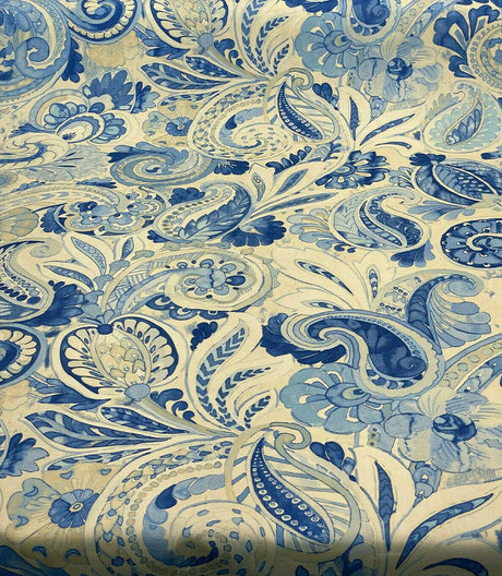 Waverly Sarong Swirl Porcelain Blue Cotton Print Fabric - Blue On Off White Paisley, 54" Width (1 Yard)