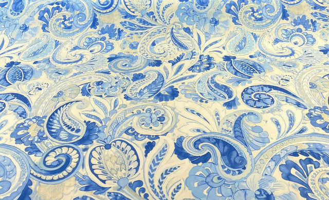 Waverly Sarong Swirl Porcelain Blue Cotton Print Fabric - Blue On Off White Paisley, 54" Width (1 Yard)