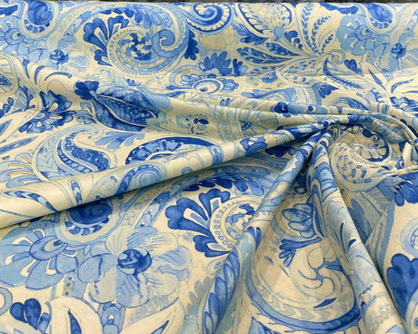 Waverly Sarong Swirl Porcelain Blue Cotton Print Fabric - Blue On Off White Paisley, 54" Width (1 Yard)