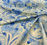 Waverly Sarong Swirl Porcelain Blue Cotton Print Fabric - Blue On Off White Paisley, 54" Width (1 Yard)