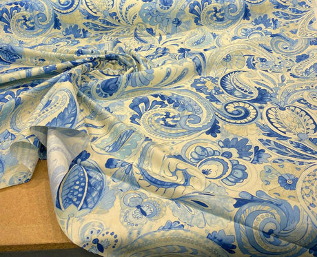 Waverly Sarong Swirl Porcelain Blue Cotton Print Fabric - Blue On Off White Paisley, 54" Width (1 Yard)
