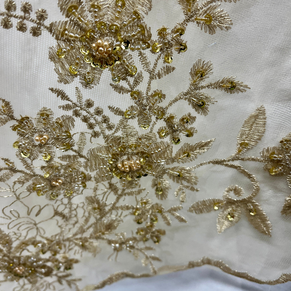 Beaded Floral Lace Fabric on Polyester Net Mesh