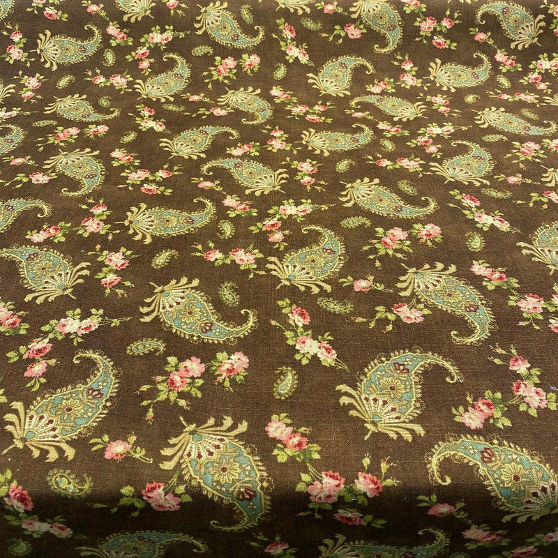 Waverly Vintage Prelude Paisley Brown Linen Rayon Blend Fabric - Paisley Floral, Chocolate Brown With Red And Green Accents, 54" Width (1 Yard)