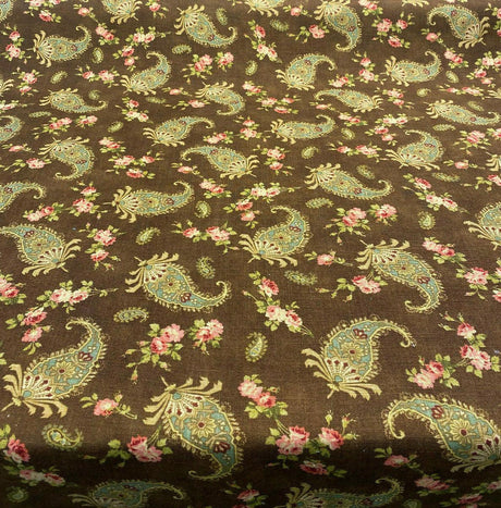 Waverly Vintage Prelude Paisley Brown Linen Rayon Blend Fabric - Paisley Floral, Chocolate Brown With Red And Green Accents, 54" Width (1 Yard)