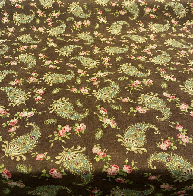 Waverly Vintage Prelude Paisley Brown Linen Rayon Blend Fabric - Paisley Floral, Chocolate Brown With Red And Green Accents, 54" Width (1 Yard)