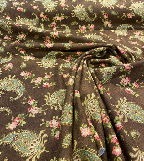 Waverly Vintage Prelude Paisley Brown Linen Rayon Blend Fabric - Paisley Floral, Chocolate Brown With Red And Green Accents, 54" Width (1 Yard)