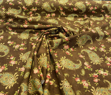 Waverly Vintage Prelude Paisley Brown Linen Rayon Blend Fabric - Paisley Floral, Chocolate Brown With Red And Green Accents, 54" Width (1 Yard)