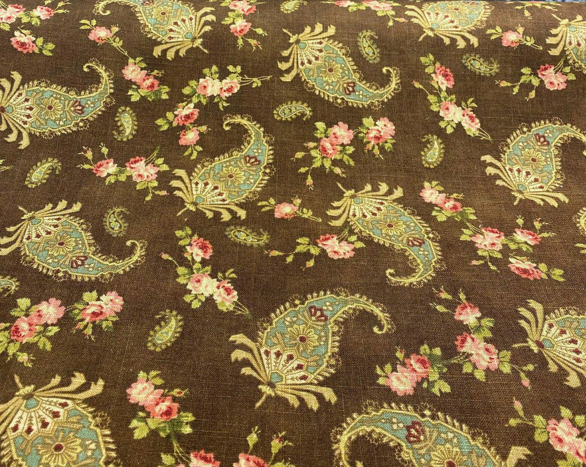 Waverly Vintage Prelude Paisley Brown Linen Rayon Blend Fabric - Paisley Floral, Chocolate Brown With Red And Green Accents, 54" Width (1 Yard)
