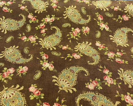 Waverly Vintage Prelude Paisley Brown Linen Rayon Blend Fabric - Paisley Floral, Chocolate Brown With Red And Green Accents, 54" Width (1 Yard)