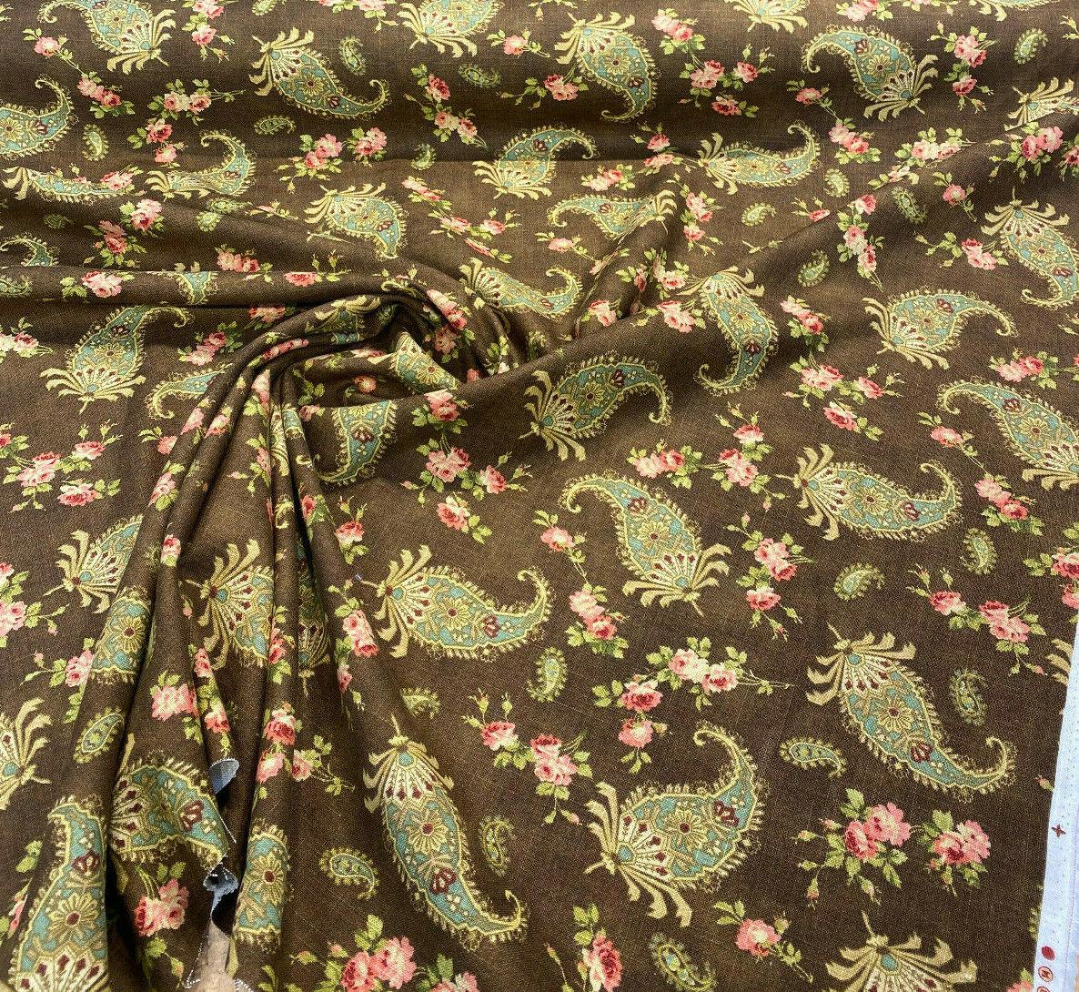 Waverly Vintage Prelude Paisley Brown Linen Rayon Blend Fabric - Paisley Floral, Chocolate Brown With Red And Green Accents, 54" Width (1 Yard)