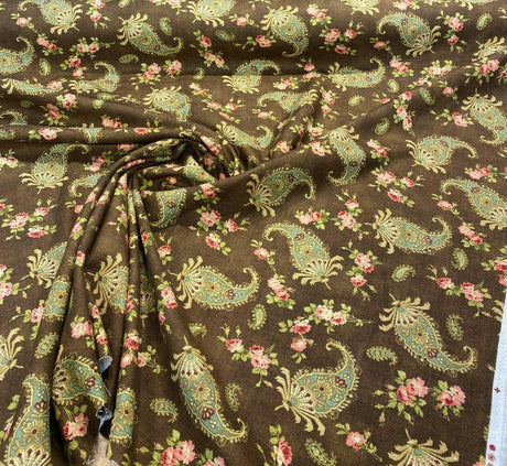 Waverly Vintage Prelude Paisley Brown Linen Rayon Blend Fabric - Paisley Floral, Chocolate Brown With Red And Green Accents, 54" Width (1 Yard)