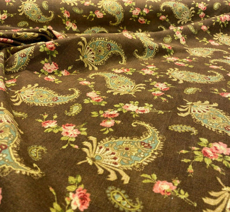 Waverly Vintage Prelude Paisley Brown Linen Rayon Blend Fabric - Paisley Floral, Chocolate Brown With Red And Green Accents, 54" Width (1 Yard)