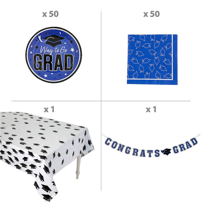 Graduation Party Blue Dessert Tableware Kit 102 Pieces for 50 Guests Disposable Set