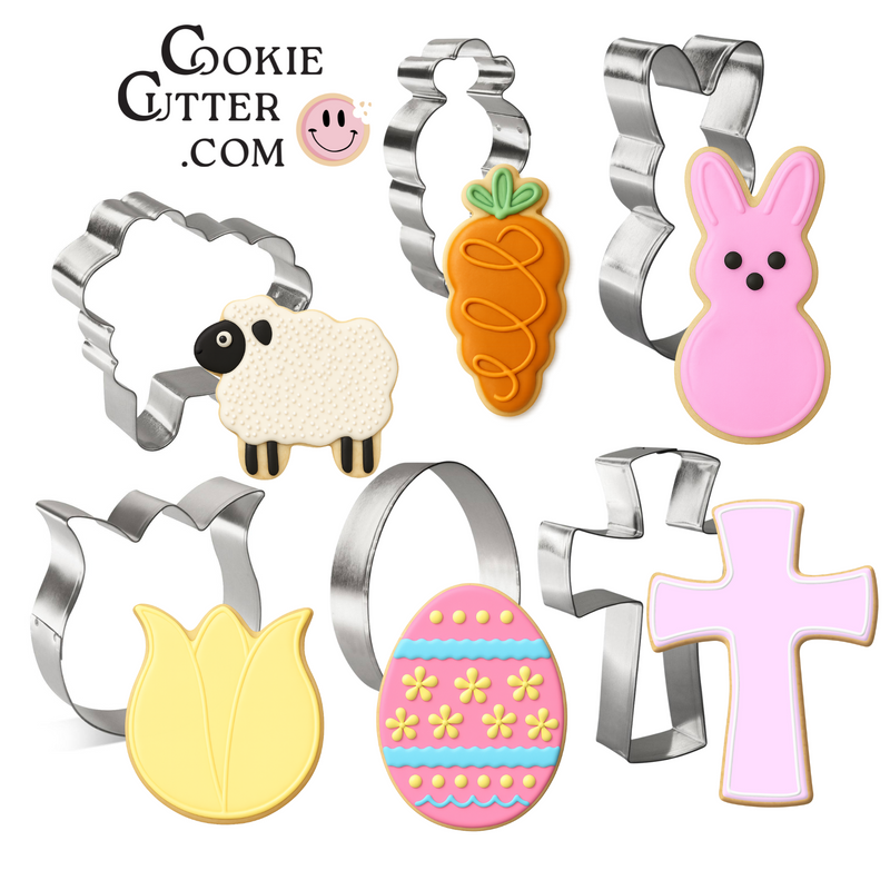six-piece Easter cookie cutter set with sugar cookie recipe