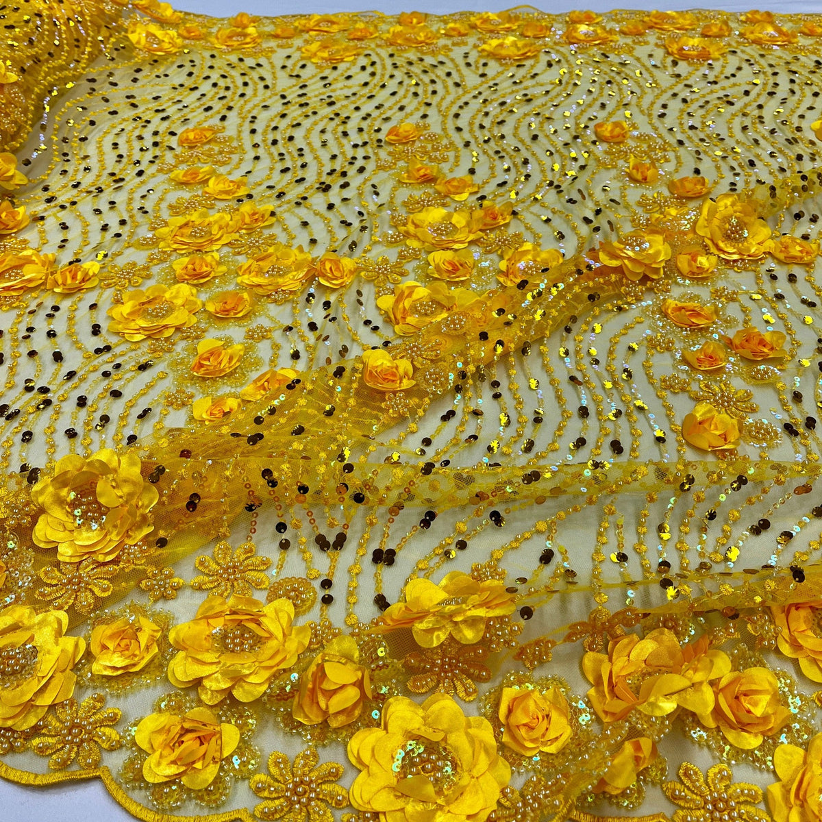 1 Yard Elegant 3D Floral Beaded Sequin Lace Fabric on Soft Mesh, GD-2212