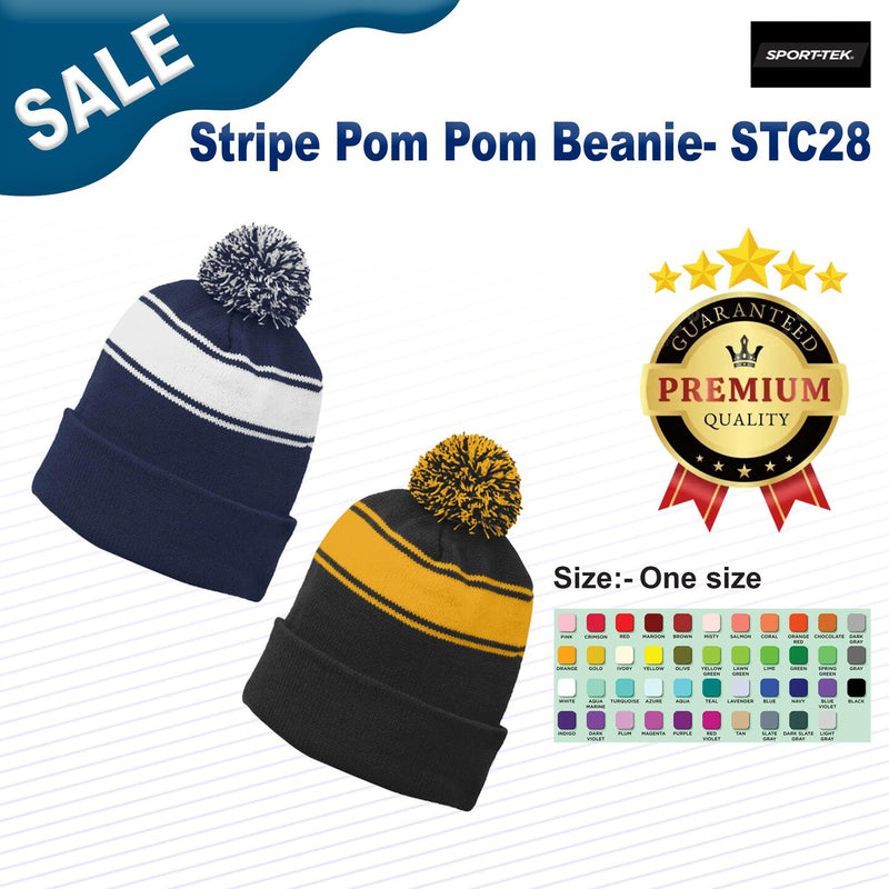 Sport-Tek Stripe Pom Pom Winter Beanie with cozy knit cold weather protection