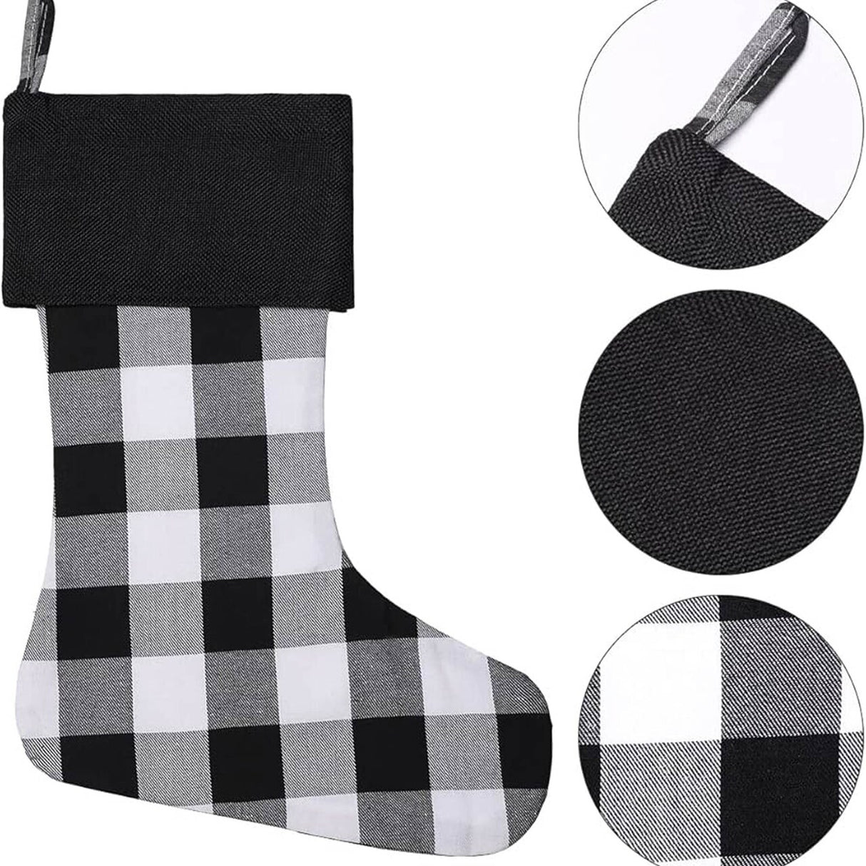 17 Inch Black And White Checkered Christmas Stocking Plush Fur Top Holiday Decoration