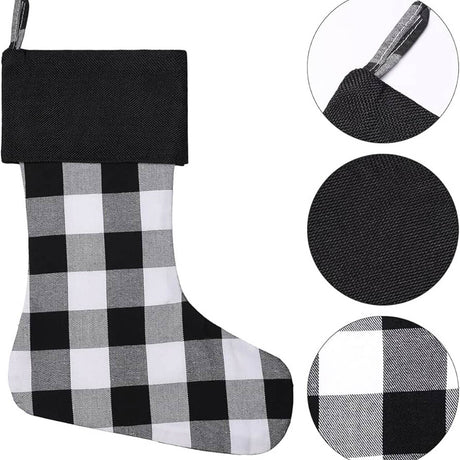 17 Inch Black And White Checkered Christmas Stocking Plush Fur Top Holiday Decoration