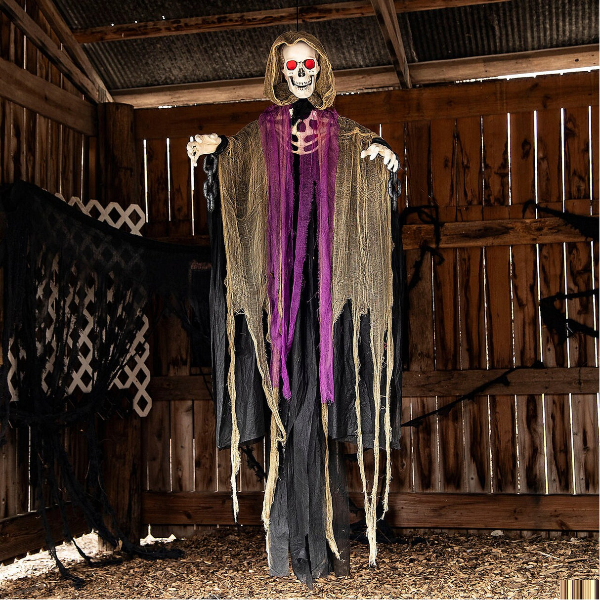 6 Feet Light Up Skeletal Reaper in Gray Robes Halloween Hanging Decoration