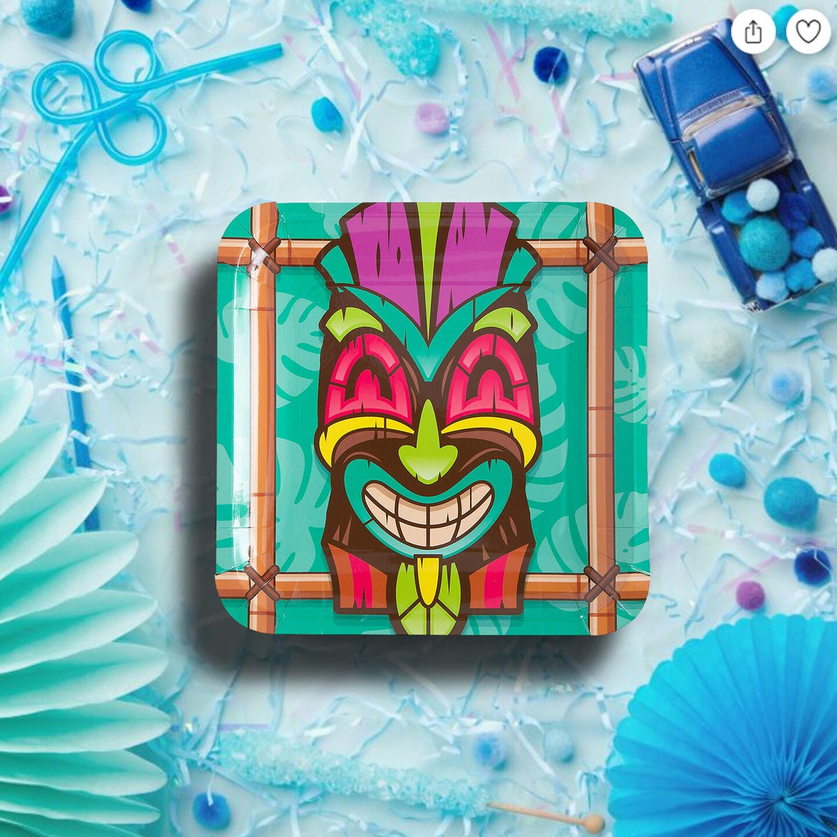 8 Count Teal Tiki Paper Dinner Plates 9" Luau Party Tableware