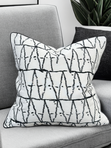Viva015 White Velvet Pillow - Black Embroidered Abstract, Thick Border, 20" X 20" (1 Piece)