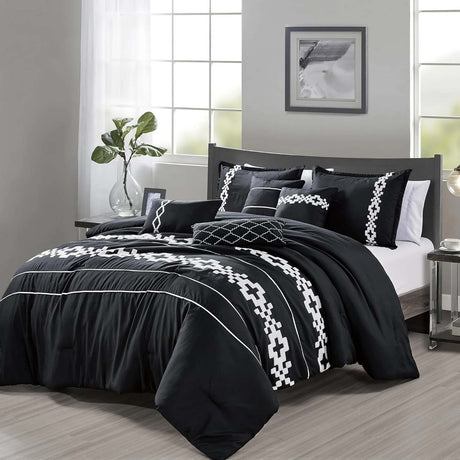 Geometric Embroidery 7 Pieces Black & White Comforter Set
