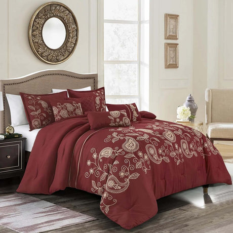 Paisley Embroidery 7 Pieces Burgundy Comforter Set